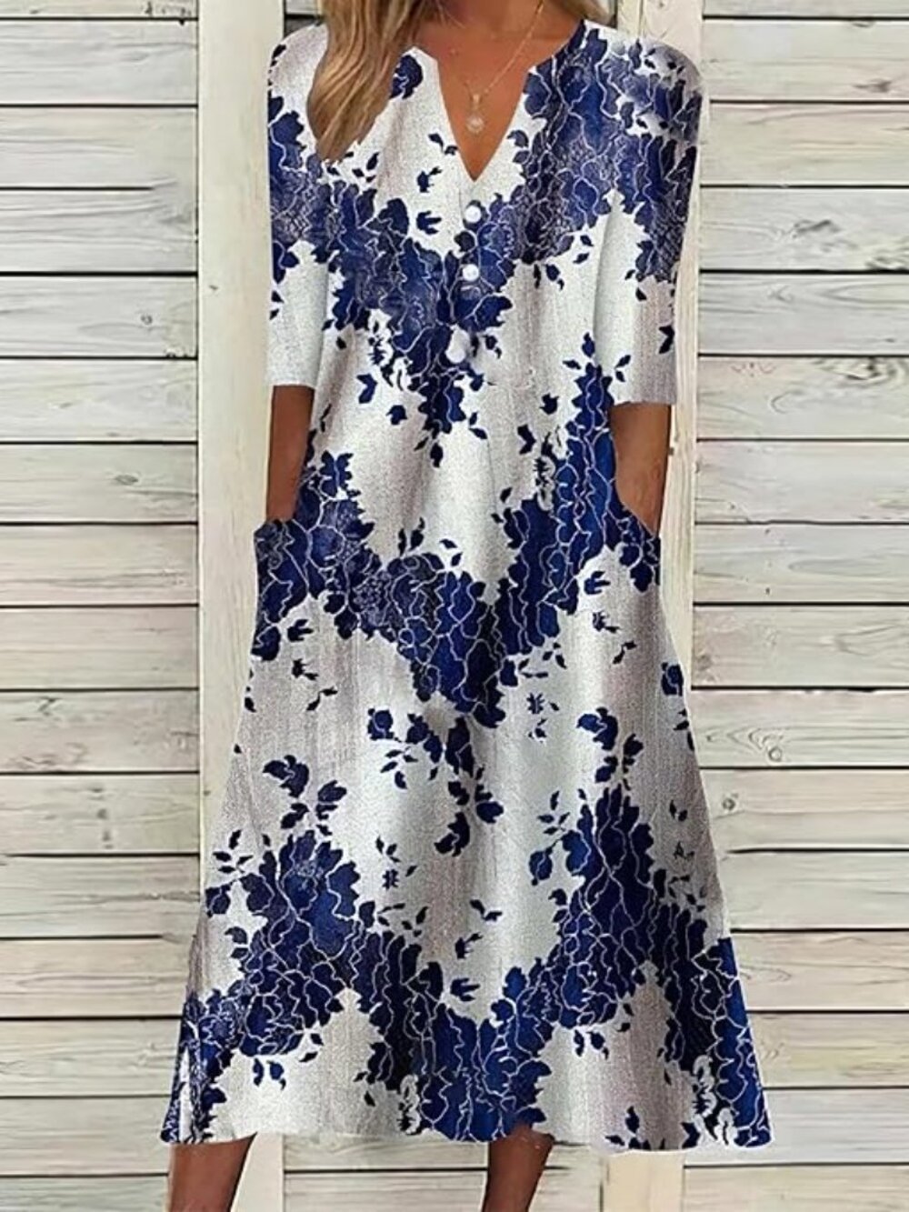 Womens Summer Boho V Neck Floral Print Half Sleeve Dress Casual Button Midi